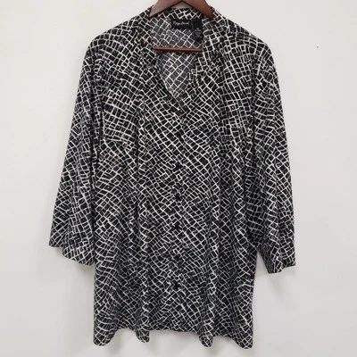 Maggie Barns Women 3/4 Sleeve Button Up Print Top Size 3X Black Artsy Office - Image 1 of 4