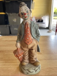 8” Vtg Hand Painted Ceramic Clown Suit Tie with Orange Umbrella Statue Figurine - Picture 1 of 8