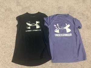Lot Of 2 Under Armour Shirt Girls Small HeatGear Short Sleeve Breathable Youth - Picture 1 of 5