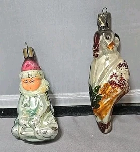 Lot 2 Vintage Glass USSR Christmas X-mas Ornament Kid on Sled & Parrot / Bird - Picture 1 of 12