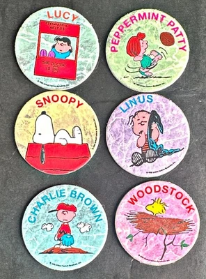 Peanuts 6 Pogs Set Charlie Brown Woodstock Lucy Snoopy  From 1993 - Image 1 of 2
