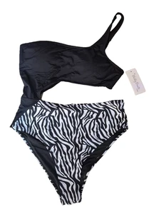THE BLUSHING BRUNETTE BOUTIQUE ZEBRA STRIPE ONE SHOULDER MONOKINI LARGE NWT - Picture 1 of 11