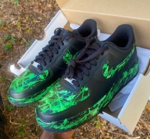Air Force 1 Custom Light Green Neon Splatter Swoosh Black Shoes Mens Womens Kids - Picture 1 of 12