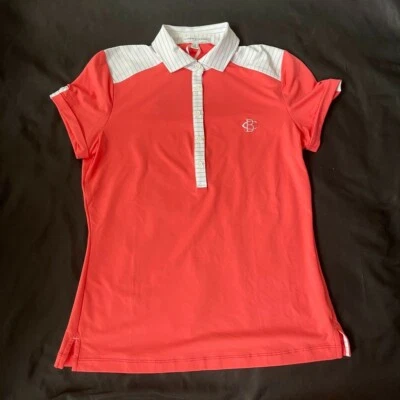 Camisa de golf Fairway & Greene CB con cuello botón coral/blanco pequeña para damas Foto 1 de 2