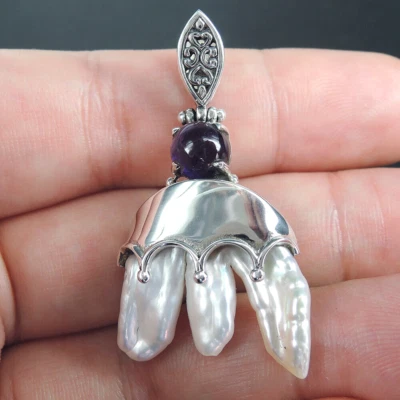 Gioielli pendenti in argento sterling 925 con ametista e perle Biwa, fatti a ... - Immagine 1 di 4