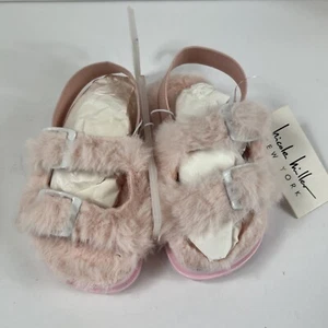 Nicole Miller Toddler Girls Pink Slide Sandals Faux Fur Buckle Strap Sz 8 - Picture 1 of 11