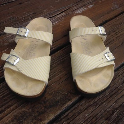 Birkenstock Birkis Yellow White Stripe Slip On Sandals Womens 6 37 Mules Shoes — 第 1/4 张图片