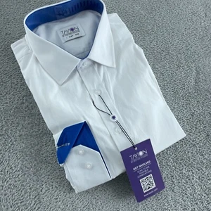 Tayion Mens White Dress Shirt L 16-16.5" 34/35 Blue Contrast Trim NWT 2618 - Picture 1 of 6