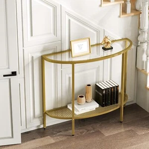 Modern Glass Console Half Moon Table 2 Tier Narrow Entryway Gold Metal Frame - Picture 1 of 7