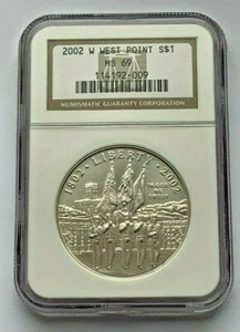 2002 W SILVER WEST POINT MILITARY ACADEMY BICENTENNIAL NGC MS 69 SILVER COIN - Picture 1 of 5