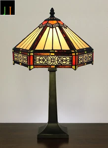 New Arrival JT Tiffany Stained Glass Six-Sided Vintage Style Bedside Table Lamp - Picture 1 of 9