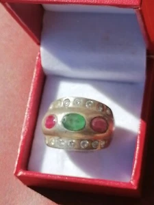 Vintage Ladies Rings Green Emerald With Beauty Rubys Gem Rings Sterling Silver  - Picture 1 of 10