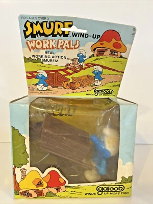 VINTAGE Smurf Wind-Up Work Pals Figure & Wagon 1982 #4026 Galoob UNOPENED - Image 1 of 4