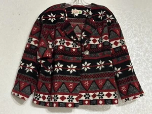 Vintage Cactus Flower Aztec Southwestern Fleece Jacket Black Red Concho Button L - Picture 1 of 6