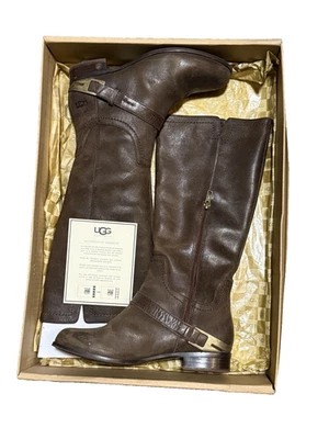 全新 UGG 女式 SZ 7 Channing II 棕色皮革小腿骑行背带靴 1004509 — 第 1/4 张图片