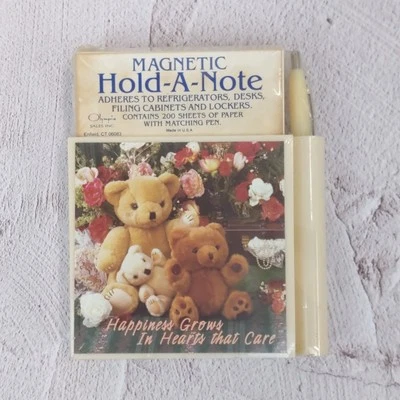 Magnetic Hold-A-Note Teddy Bears Happiness Grows In Hearts That Care Pad Pen USA - Image 1 of 4