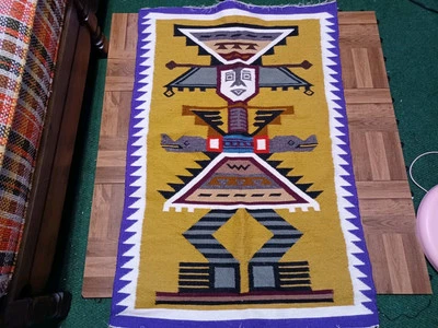 Vintage ECUADOR Hand Woven WALL HANGING Tapestry Rug 41x27 Totem - Image 1 of 4