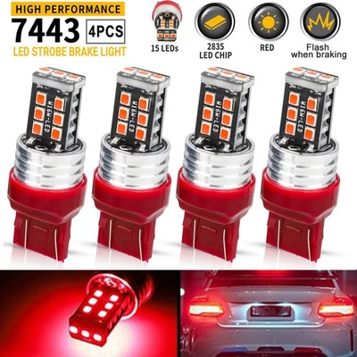 4PCS 7443 7440 LED Red Strobe Flash Blinking Brake Stop Tail Parking Light Bulbs - Image 1 of 4