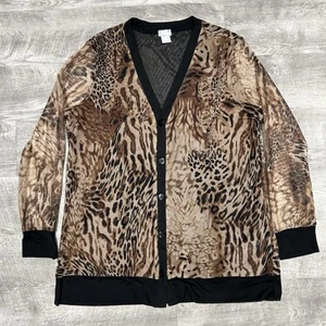 Chicos Animal Print Strickjacke Damen Größe 2 durchsichtig Knopf Mob Frau Gepard Lagenlook - Bild 1 von 19