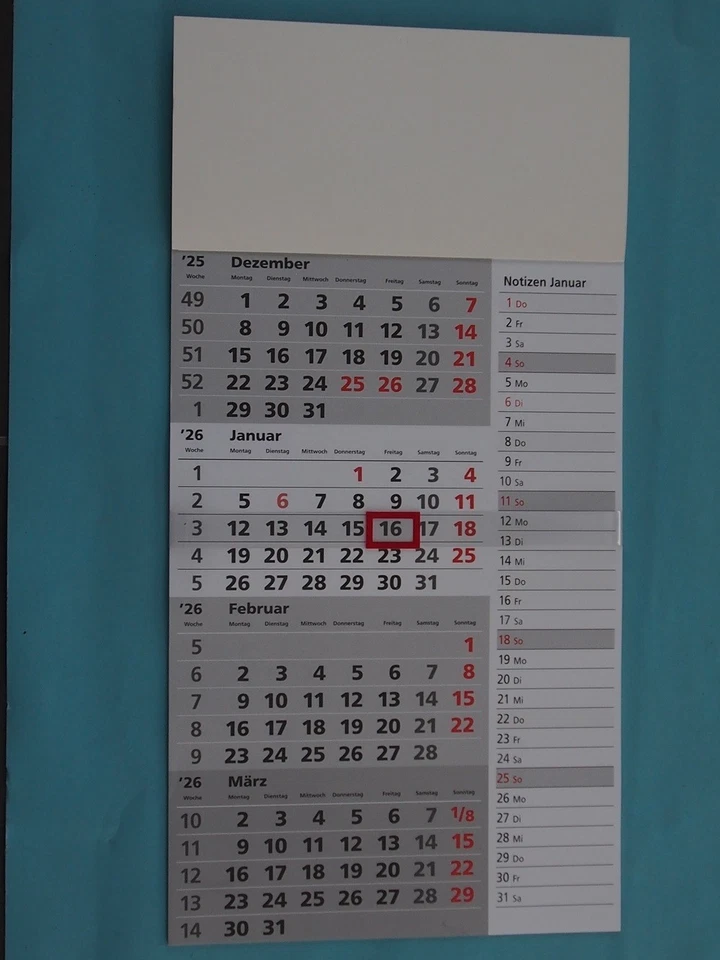 Wandkalender Kalender Viermonatskalender Wochenkalender Notizkalender 2026 - Bild 1 von 4