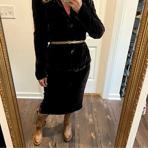 Ann Taylor Vintage Viskose Seide Schokobraun Samt Anzug Set Rock Jacke - Bild 1 von 16