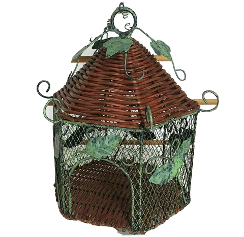 Vintage Decorative Hexagon Wicker Bird House w Metal Caging  & Ivy 9.25" Tall Cover