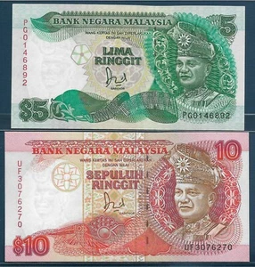 Malaysia 5 10 Ringgit 2 Pcs Lot, 1991 1989, P 28c 29, UNC - Picture 1 of 2