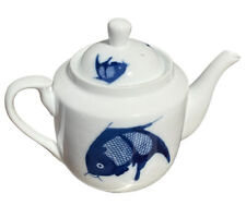 Misty Rose Vintage Koi Teapot Super White China Cobalt Blue