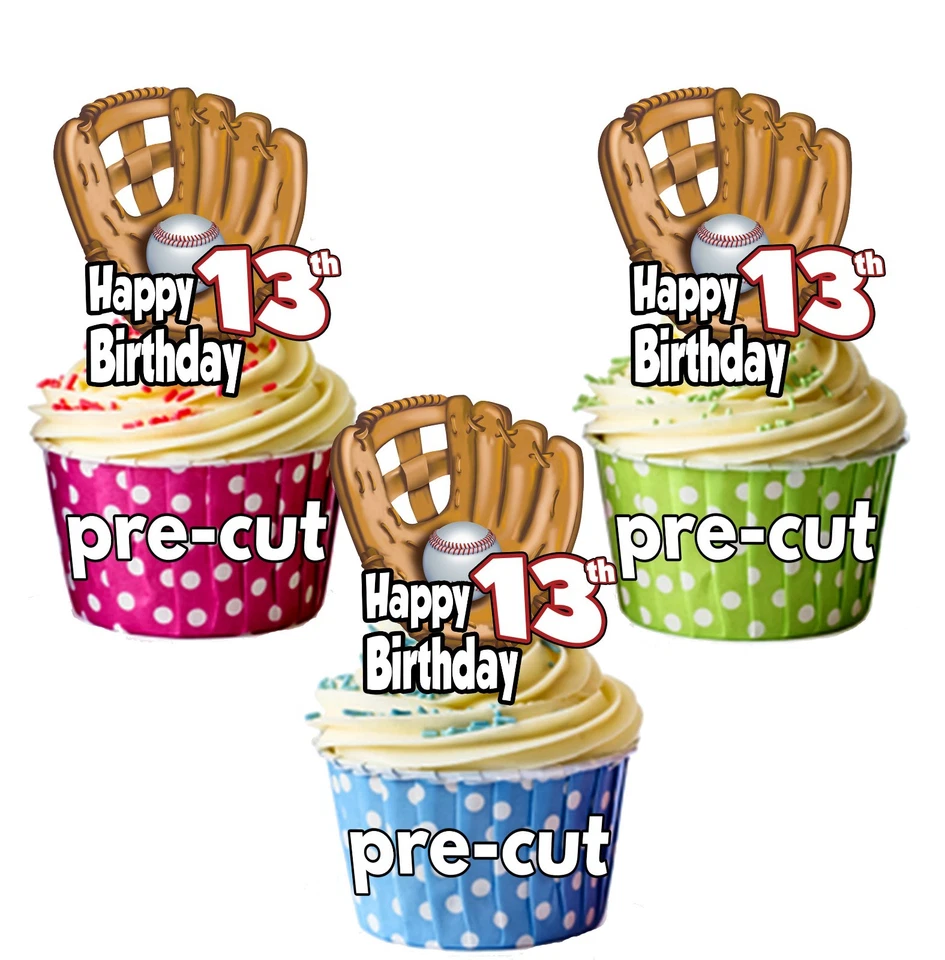 PRECUT Baseball Glove 12 Cup Cake Toppers Birthday Decorations ANY AGE 1 to 115 - Image 1 of 1