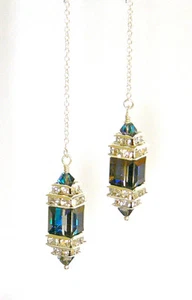 "IAJ" STERLING SILVER Threads Threader Earrings w/SWAROVSKI BERMUDA BLUE CUBES - Picture 1 of 1