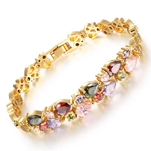 Women Tennis Colorful Zircon Double-layer Gold Plated Bracelet Lovers Birthday - Picture 1 of 15