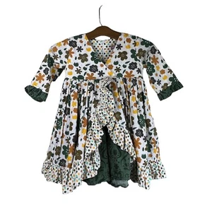 Jelly The Pug Dress Kids 4 Floral Polka Dot 3/4 Sleeve Ruffle White Green Yellow - Picture 1 of 11