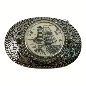 Vintage Belt Buckle Faux Scrimshaw Lighthouse & Cutty Sark/Whaling Ship - Picture 1 of 2