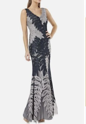 NWT JS COLLECTIONS LEAF SOUTACHE TRUMPET GOWN MIDNIGHT DRESS sz 4, - Image 1 of 4