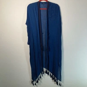 Parfois Blue Tassel Kimono Wrap One Size Lightweight Cover Up 47” Long - Picture 1 of 8
