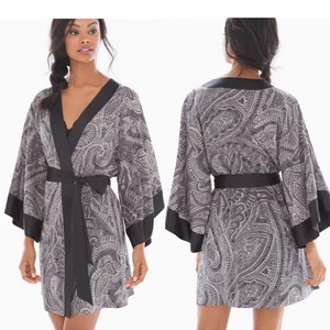 Soma Damen Folien Chiffon Kurz Morgenmantel Schwarz Grau Satin Paisley Kimono S/M - Bild 1 von 12