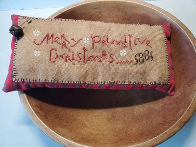 Merry Primitive Christmas Pillow Tuck Cross Stitch Bowl Filler Rusty Bell - Image 1 of 4