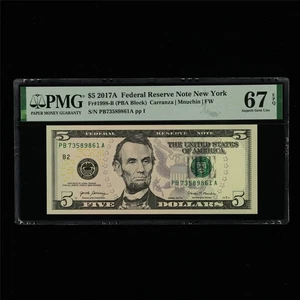 2017A Federal Reserve Note New York 5 Dollars Fr#1998-B PMG 67 EPQ UNC 01 - Picture 1 of 4
