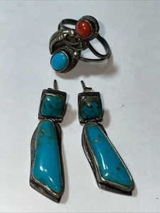 Vintage 1970er American Native Sterling & Turgoise Ohrring und Ring Set - Bild 1 von 11