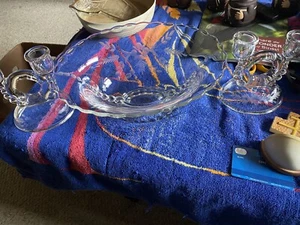 Vintage etched glass bowl with two matching candle sticks and glass bubbles g - Picture 1 of 5