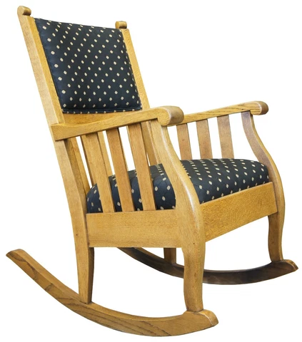 20th Century Oak Mission Arts & Crafts Rocker Rocking Chair Black & Gold Fabric Cover