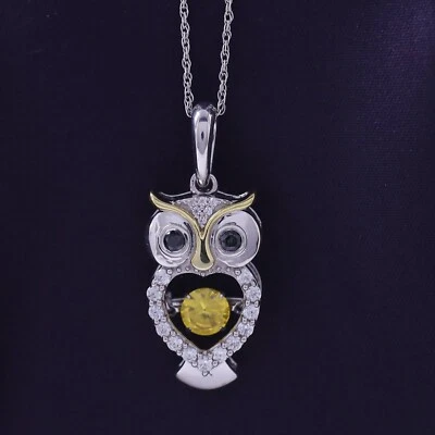 跳舞猫头鹰吊坠模拟黄水晶和白色蓝宝石纯银 — 第 1/4 张图片
