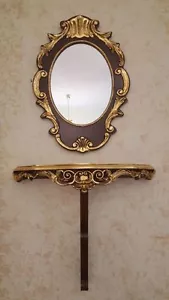ENTRATINA CONSOLINA CONSOLLE E SPECCHIO DA PARETE LEGNO DECORO NOCE E FOGLIA ORO - Bild 1 von 1