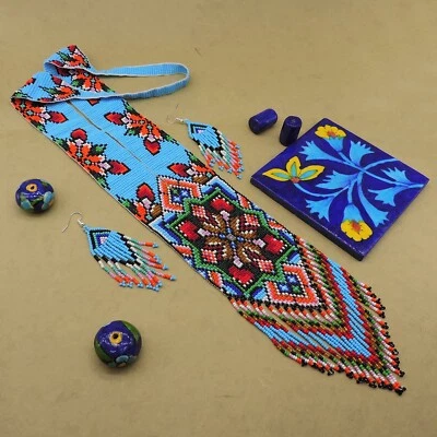 Juego de aretes gargantilla artesanal turquesa con cuentas de cuentas de semillas azules regalo Foto 1 de 4