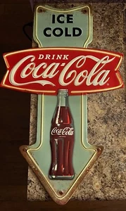 Coca Cola Sign Arrow Ice Cold Arrow Fishtail Vintage Style Wall Decor Diner - Picture 1 of 2