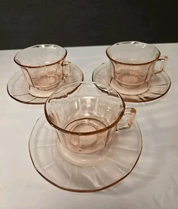 3 Vintage Pink Depression Federal Glass Cup & Saucer Sets - Picture 1 of 9