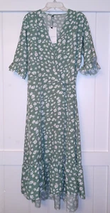 NANTERSAN Dress Medium M Summer Green Floral V Neck Wrap Ruffled Flowing Womens - Picture 1 of 17