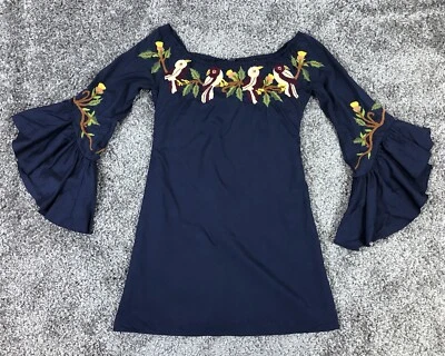 Judith March Womens Dress Size Small Embroidered Birds Navy Blue Bell Sleeves - Image 1 of 4