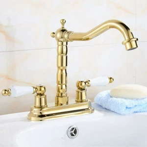Grifo mezclador fregadero de cocina montado en cubierta de doble mango oro pulido 4" Qnf431 - Imagen 1 de 8
