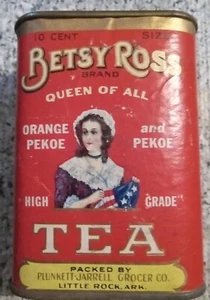 VINTAGE BETSY ROSS TEA TIN & CARDBOARD CONTAINER 3 1/2" 1930's - Picture 1 of 6